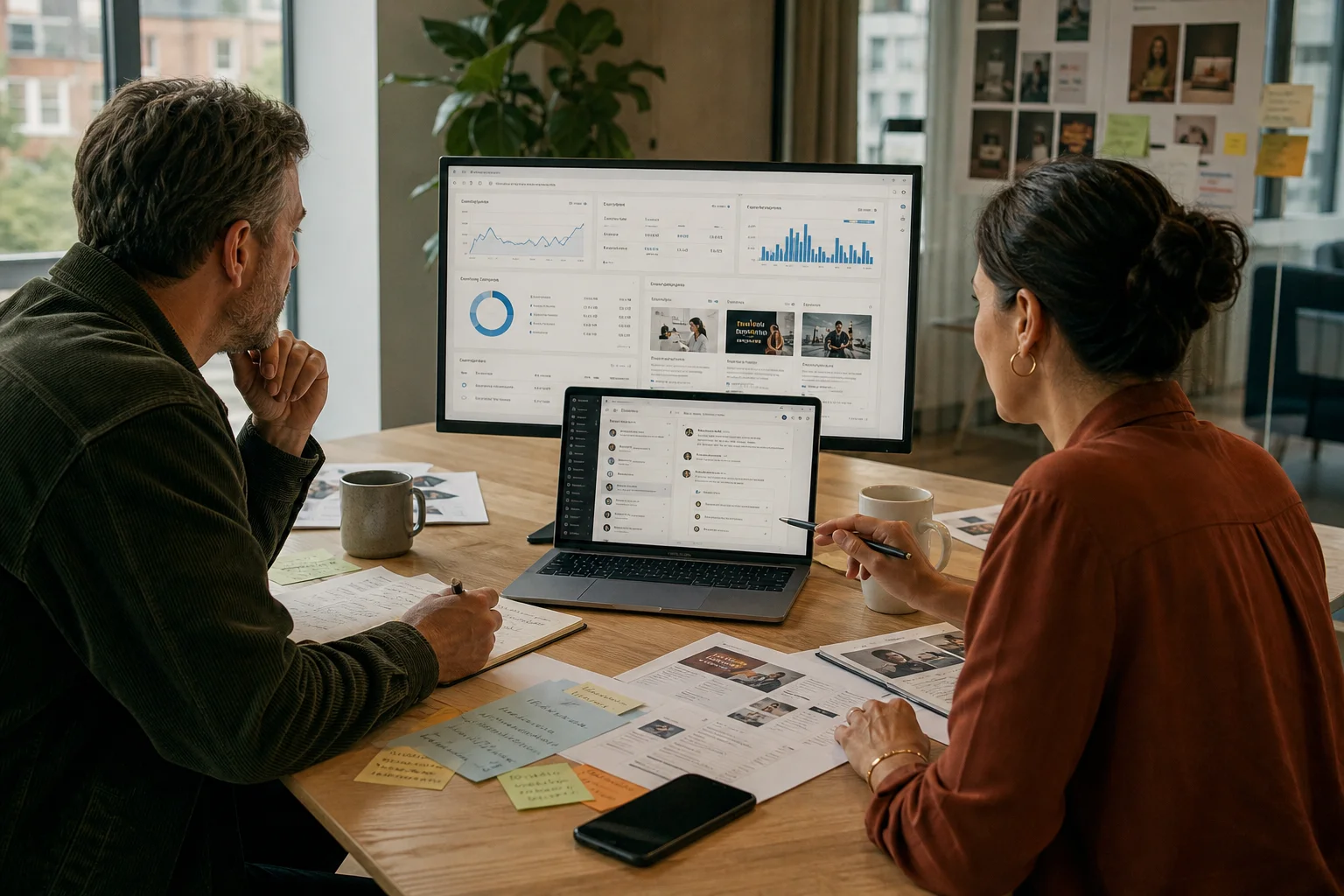Two marketers review live campaign dashboards and approval notes at a meeting table.